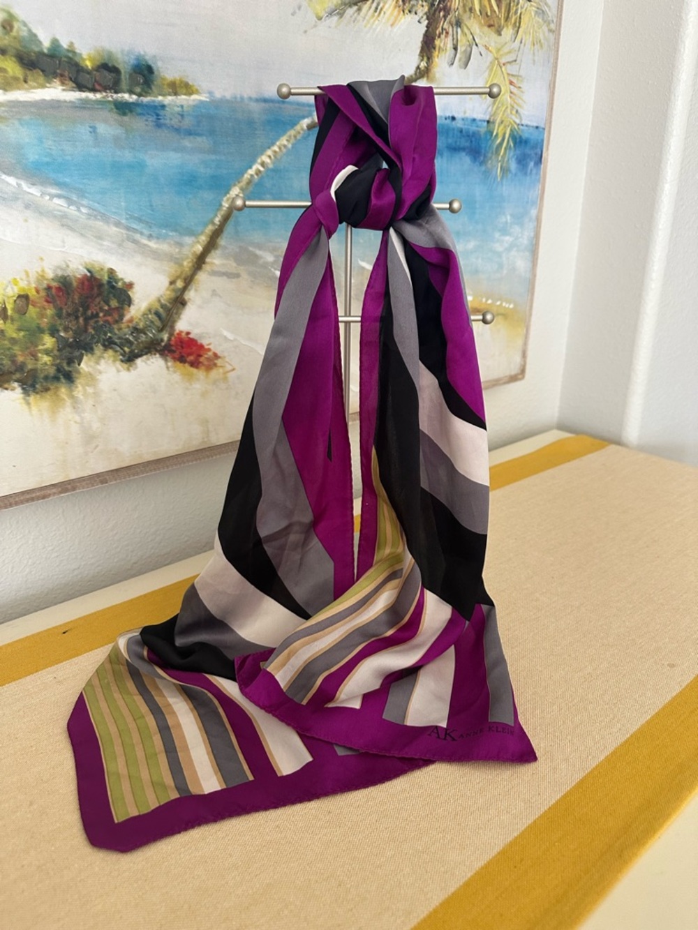 Anne Klein Striped Silk Scarf in Purple, Black, Gray & Cream